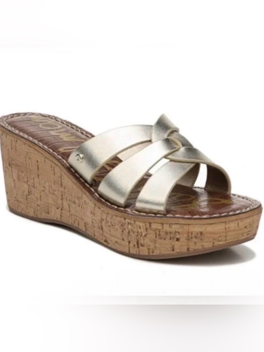 Sam Edelman Gold Leather Raynere Cork Platform Wedge Slide Sandal Size 9